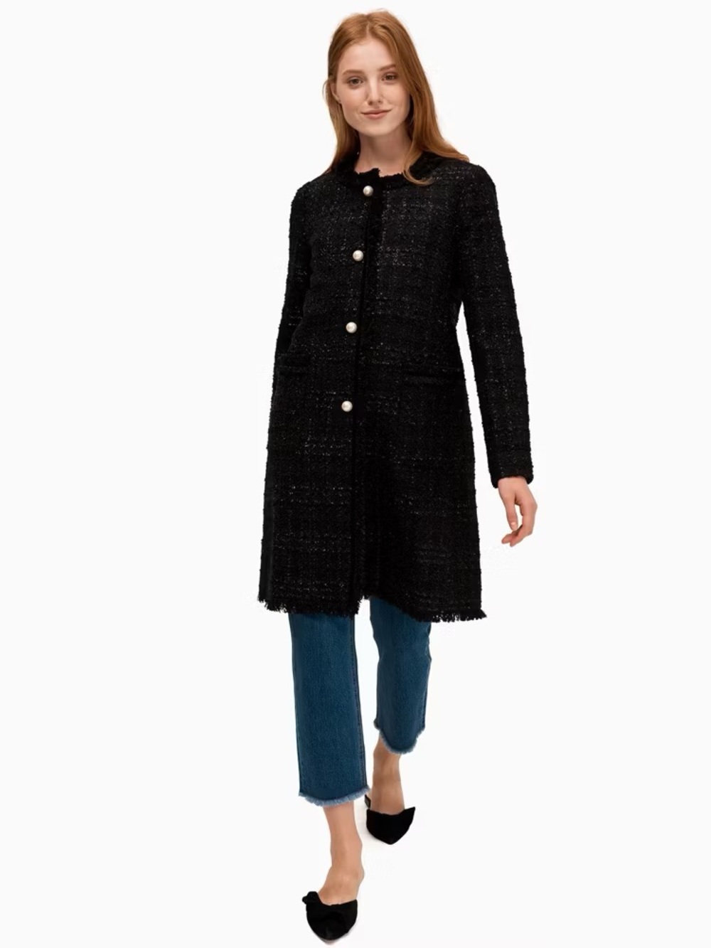 Kate Spade Classic Black Tweed Long Coat with Pearl Buttons size 12 Fall